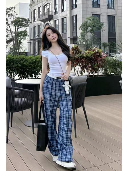 재고 2025 "작은 스타일" 느슨한 게으른 파란색 격자 무늬 바지 Zhao Ruth 바지 넓은 다리 격자 무늬 바지