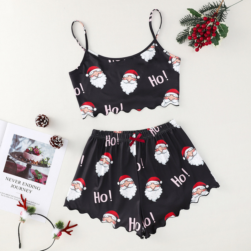 クリスマスの欧米風の新しい薄いパジャマの女性の袖なしの半ズボンの牛乳の糸のシンプルなカジュアルな2つのセットの部屋の服|undefined