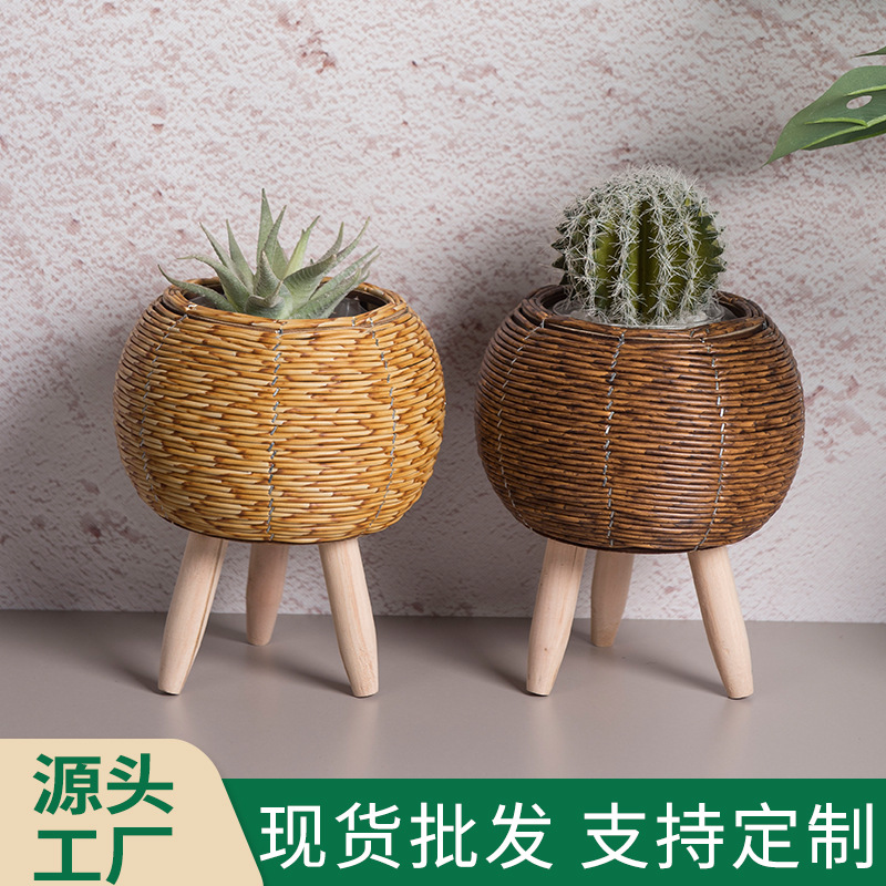 Estilo nórdico ratán creativo maceta soporte de paja cesta de flores sala de estar balcón piso soporte de flores decoración de escritorio