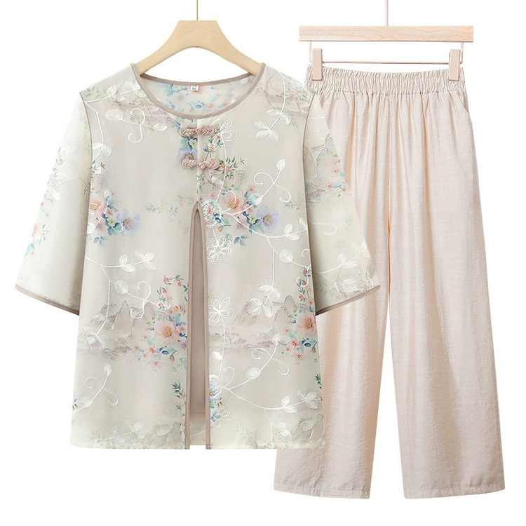 Новый китайский костюм мама 2024 новые рубашки с короткими рукавами, широкие брюки, свободная мода, уменьшенный возраст, национальные брюки