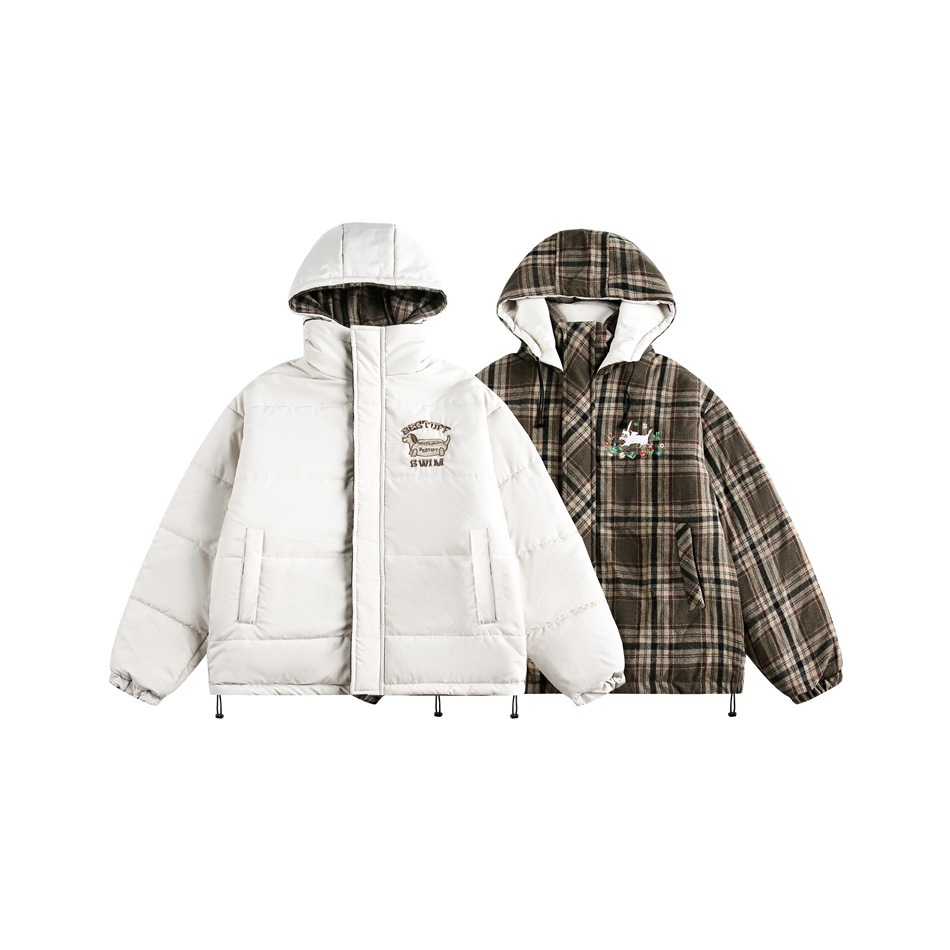 "Giacca unisex reversibile a quadri – Cappotto invernale oversize con cappuccio (fodera trapuntata, doppio uso, stampa a quadri vintage, tasche foderate in pile)"_voghion.com