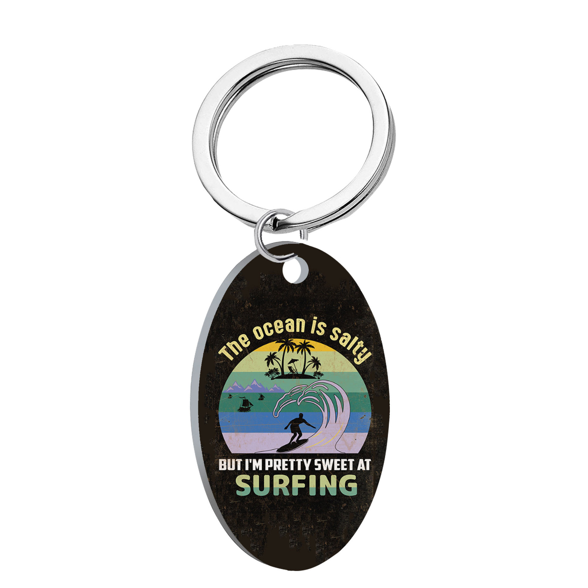 Amazon transfronteriza de acero inoxidable surf vintage teléfono móvil colgante llavero oval letras accesorios imagen impresa al por mayor