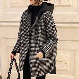外套女秋冬2023新款中长款格子宽松连帽显瘦毛呢大衣
