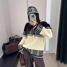 南油品质2025秋冬新款拼色粗针圆领宽松羊毛针织衫毛衣女