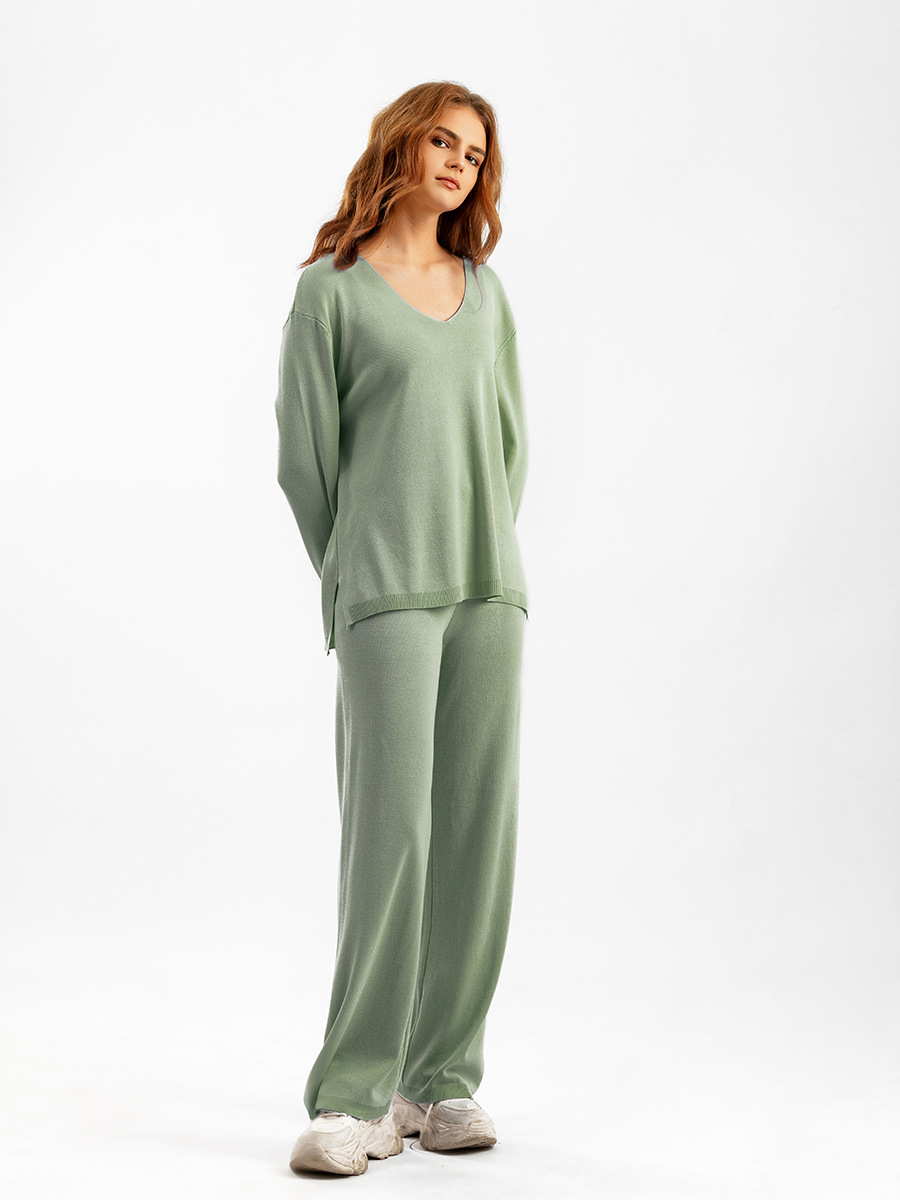 Solid Color V neck Ice Silk Suit Spring Autumn Loose High Waist Casual Two Piece Sweater