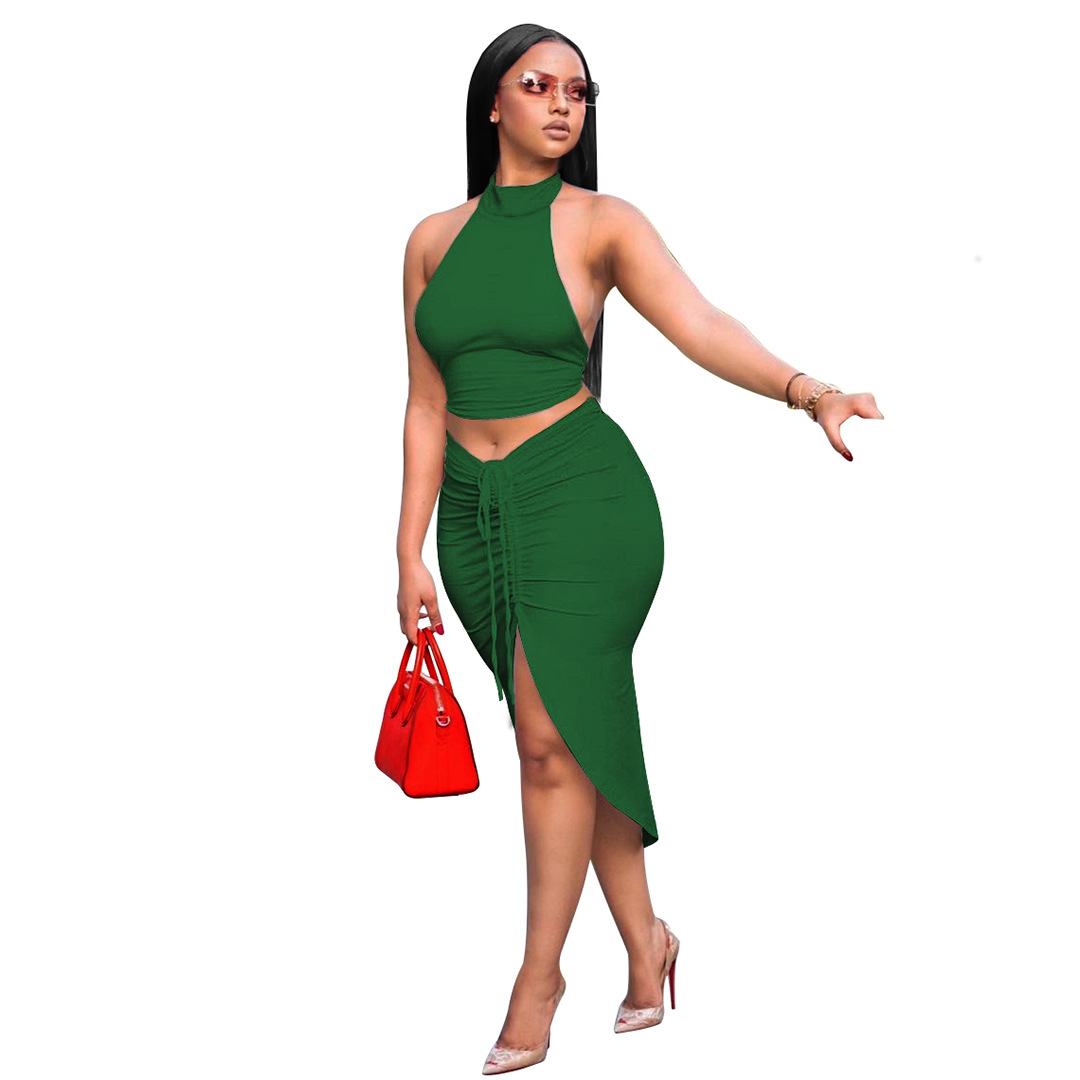 Summer Women Clothing Solid Color round Neck Cropped Backless Top Drawstring Mid Length Dress Set