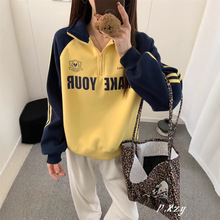 031 冬季新款加绒加厚慵懒风立领卫衣女撞色插肩袖字母休闲绒衫女