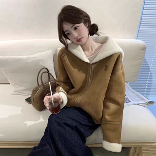 美式复古皮毛一体夹克外套女冬装2025新款慵懒风宽松麂皮绒棉衣服