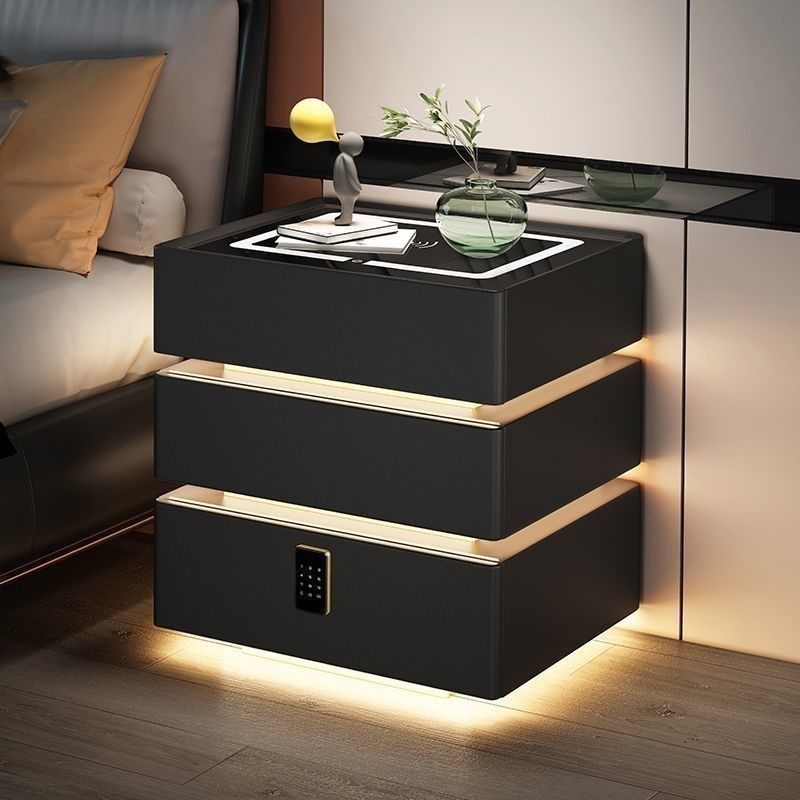 Moda inteligente mesita de cabecera de cuero sintético cuero amón combinado con cajón de madera sólida con lámpara LED de huellas dactilares bloqueo inalámbrico
