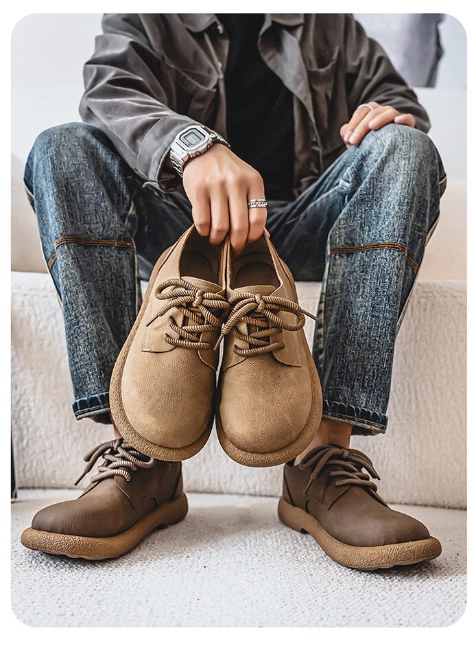 Giày da nam cổ thấp kiểu Martin phong cách retro, đế mềm chống thấm nước, form rộng cỡ lớn — Kaki, màu nâu, màu đen chi tiết 5