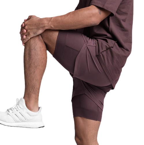 Crazy muscle men's sports casual shorts double layer fake two-piece marathon basketball fitness sweat-wicking quick-drying shorts