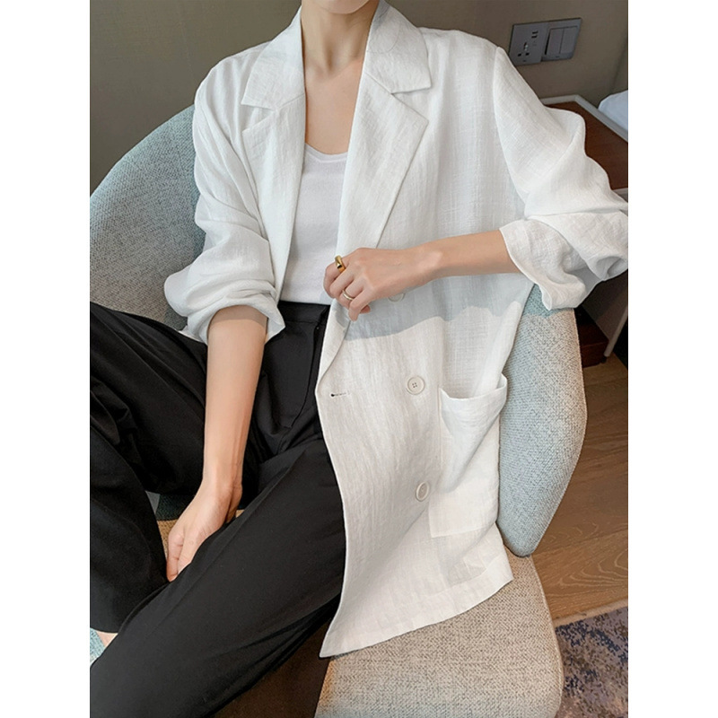 White Linen Blazer for Women, High-End, Thin, Spring and Autumn, Loose Casual Suit, Sun-Protective Cotton and Linen Top