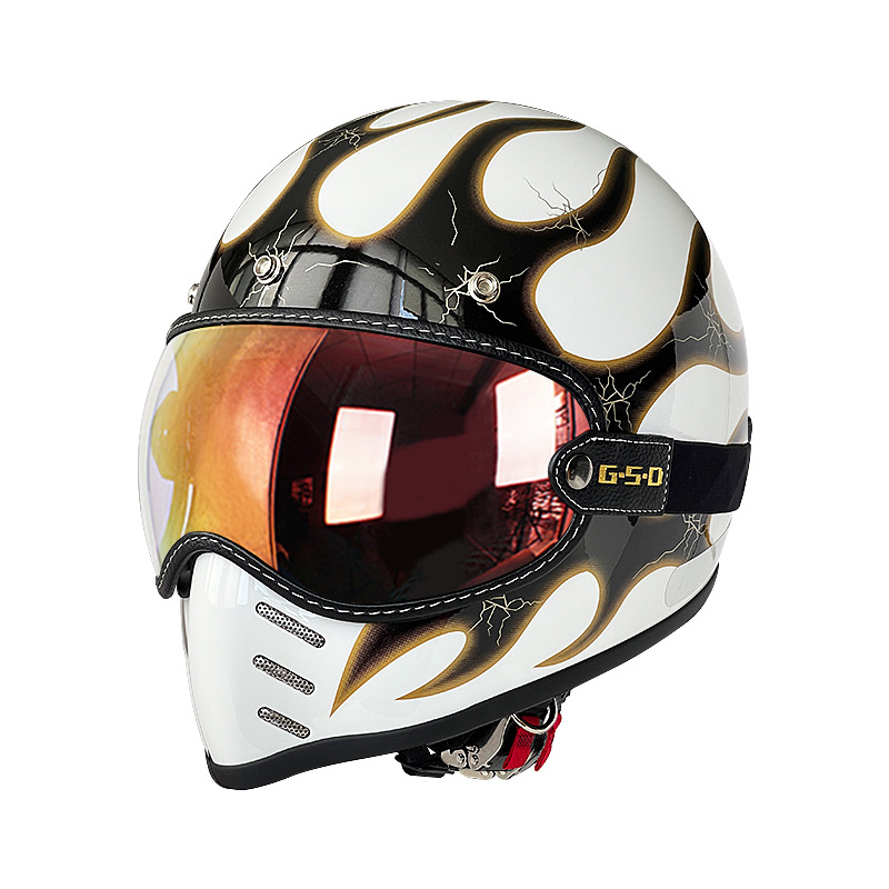 Motosiklet kaskı (dəbilqə) — Motuoche Winter Safety Helmet - white-with-gold-flames-colored-visor-m55-56
