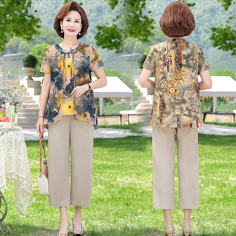 Mother's Summer Fashion Small Shirt Set Middle-aged Women's Round Neck Short-sleeved T-shirt Middle-aged and Elderly Large Size Two-piece Top