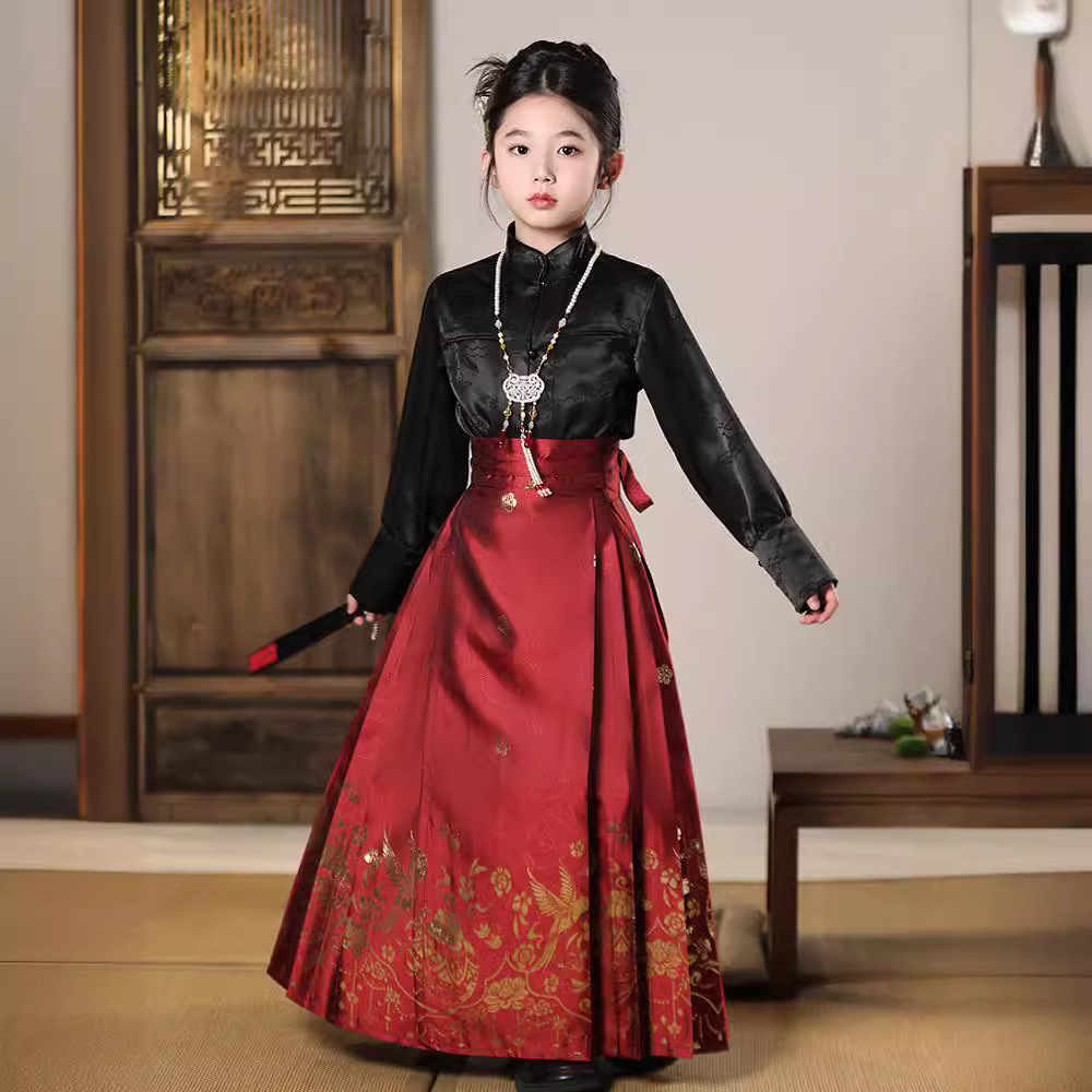 儿童马面裙上衣女童搭配改良汉服套装对襟黑色长袖衬衫女孩潮国风
