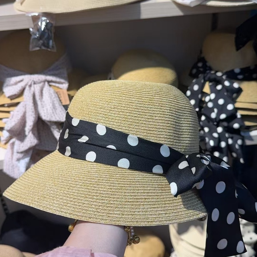 Hepburn Style Polka Dot Straw Sun Hat For Women With Bow_voghion.com