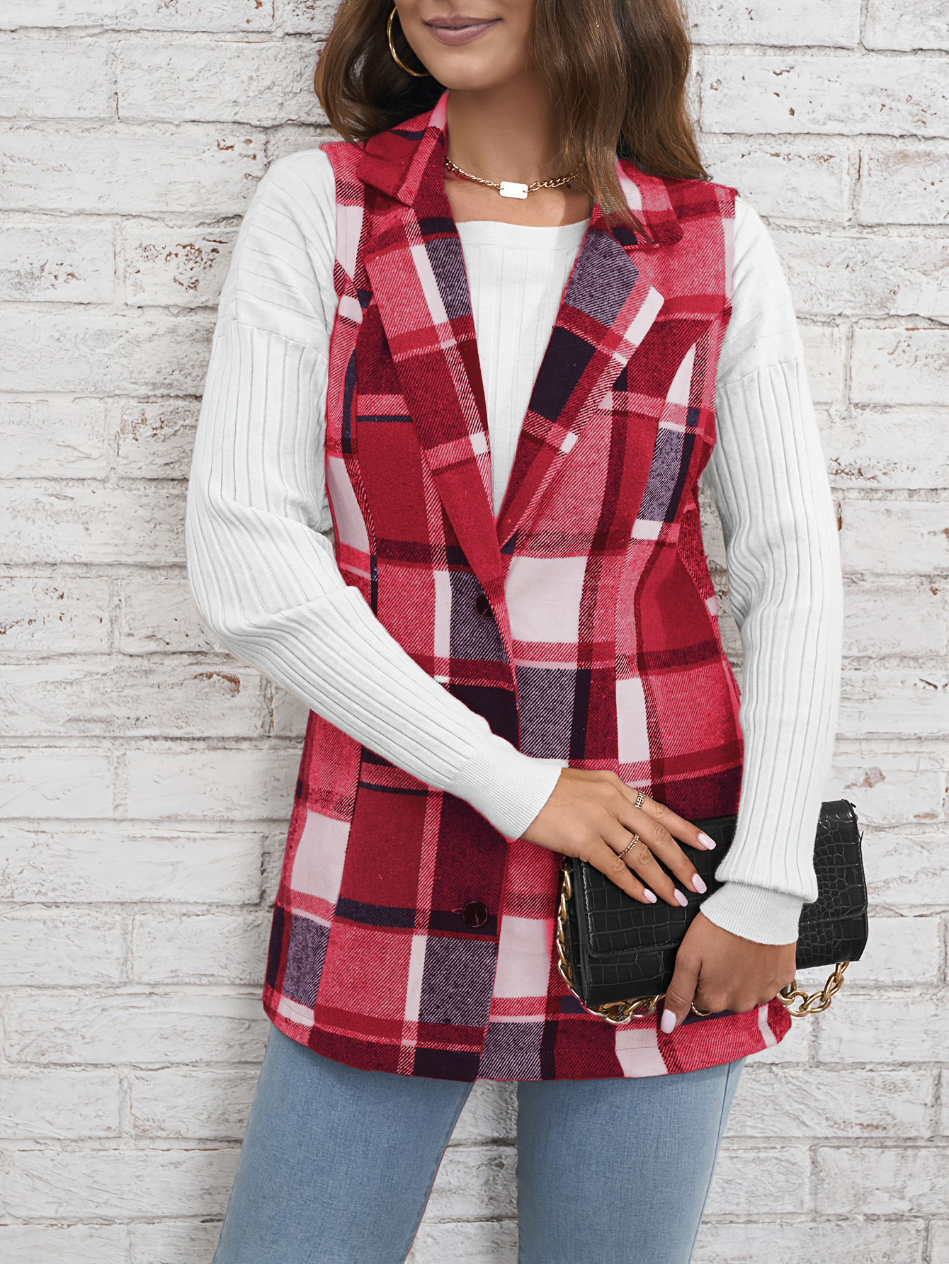 Chaqueta de mujer de comercio exterior transfronterizo chaleco a cuadros europeo y americano 2025 primavera estilo elegante cárdigan sin mangas de un solo pecho image 6