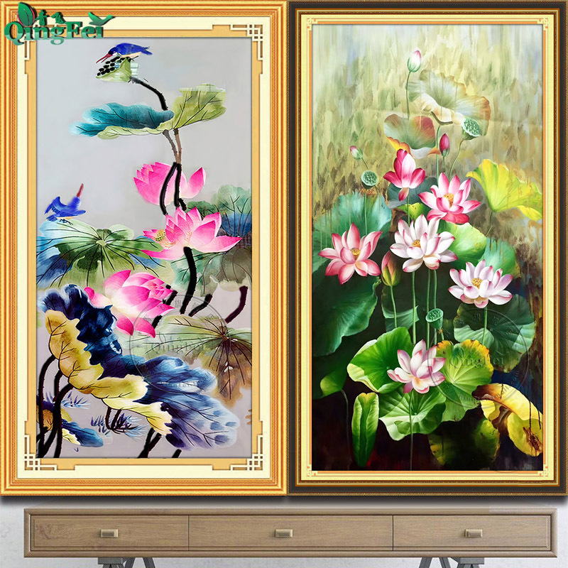 青飞精准印布水墨荷花图十字绣莲叶何田田手工线绣挂画越南柬埔寨