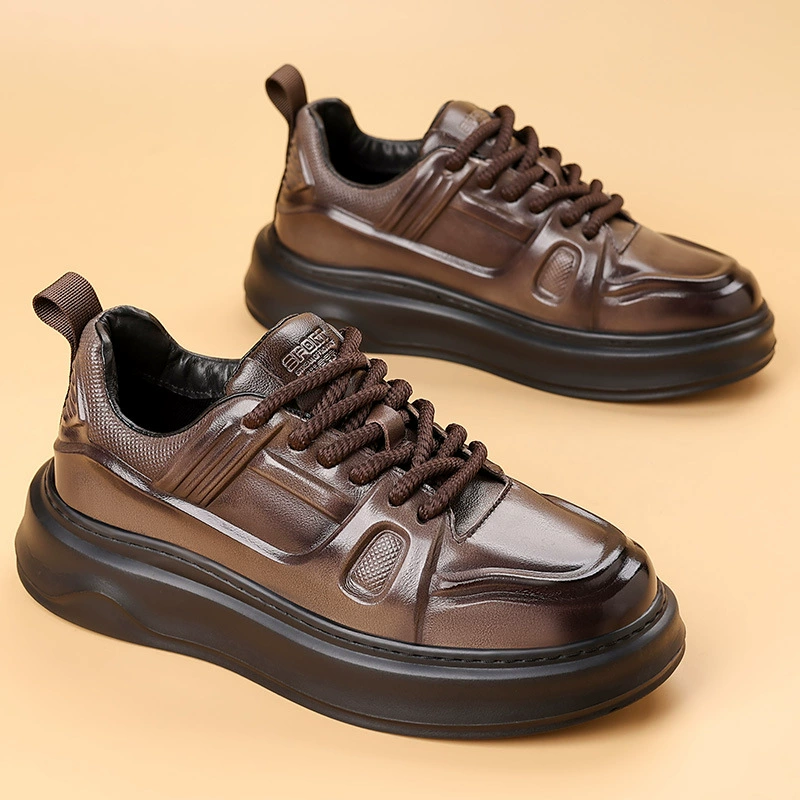 Мужские кожаные кроссовки-лоферы на осень 2025 года, черные, уникальные, универсальные, повседневные, на толстой подошве, увеличивающие рост