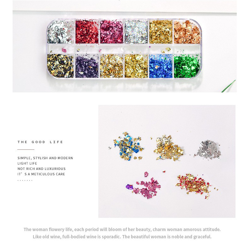 Accesorios de manicura nuevo estilo japonés manicura hoja de oro seda 12 colores en caja de oro fino y fragmentos de hoja de plata DIY papel de aluminio decorativo