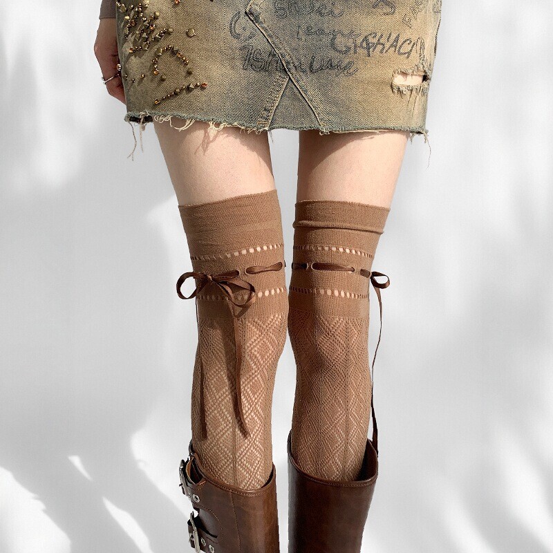 Coffee-Colored Lace Ribbon Hollow-Out Over-The-Knee Socks, Thin High-Tube Leggings, High-Elastic Long Tube Socks, Slouch Socks for Women, Autumn Coffee-Colored Lace Ribbon Hollow-Out Over-The-Knee Socks, Thin High-Tube Leggings, High-Elastic Long Tube Socks, Slouch Socks for Women, Autumn