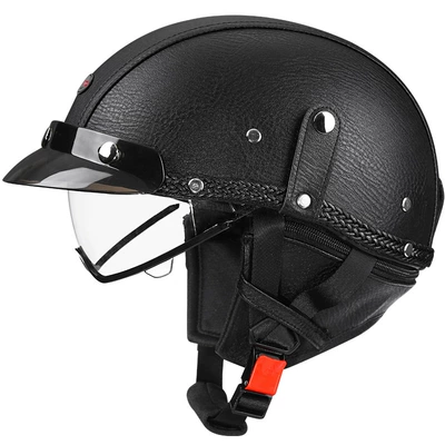 3C certification retro motorcycle helmet men's and women's summer four seasons motorcycle half helmet electric car helmet Japanese scoop helmet (Motosiklet kaskı (dəbilqə)) - black-leather-transparent-m