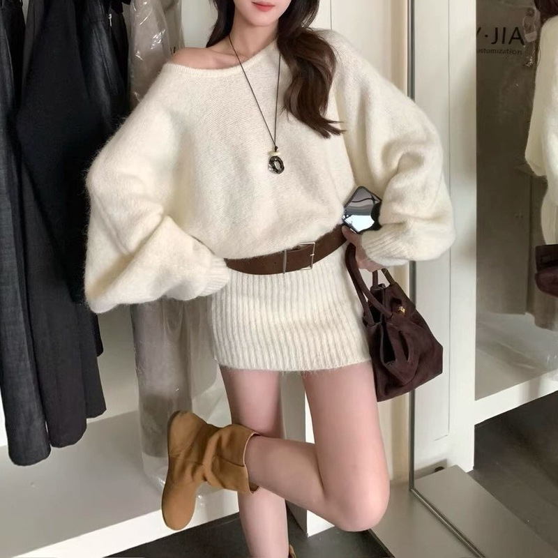French-style off-shoulder mid-length sweater dress with long sleeves, knitted, for women, 2026 autumn new style, waist-cinching short dress French-style off-shoulder mid-length sweater dress with long sleeves, knitted, for women, 2026 autumn new style, waist-cinching short dress