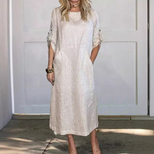 亚马逊新款2024欧美跨境欧美夏季风宽松休闲纯色短袖棉麻连衣裙