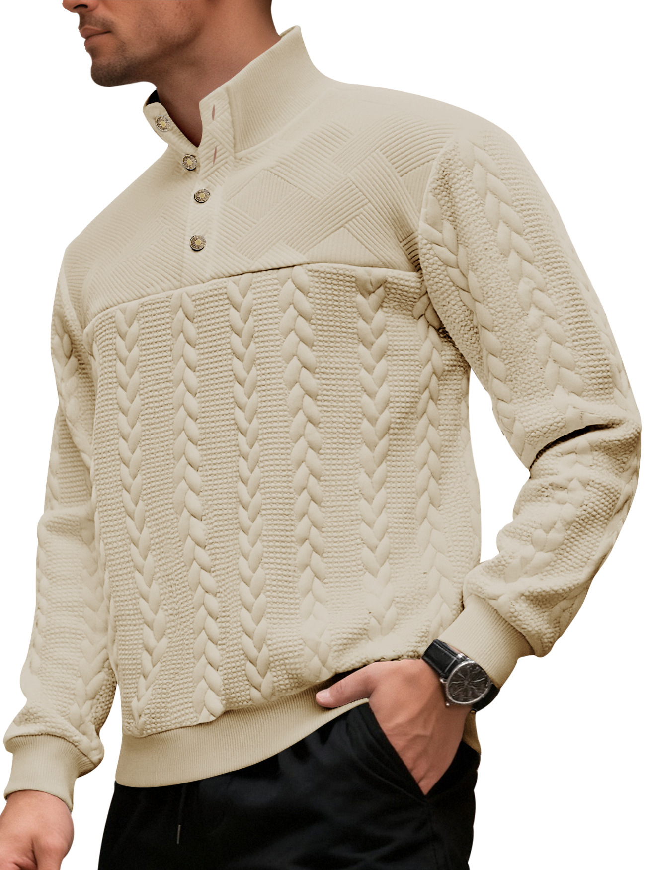 Pullover casual con colletto alla coreana e bottoni, stile transfrontaliero europeo e americano, tinta unita, lavorazione a maglia ampia e patchwork._voghion.com