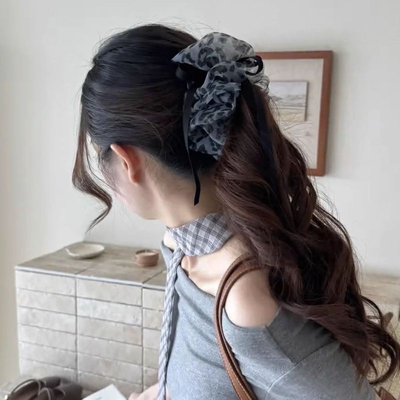 韩系豹纹网纱飘带香蕉夹女2025新款后脑勺气质马尾夹复古百搭发饰|undefined
