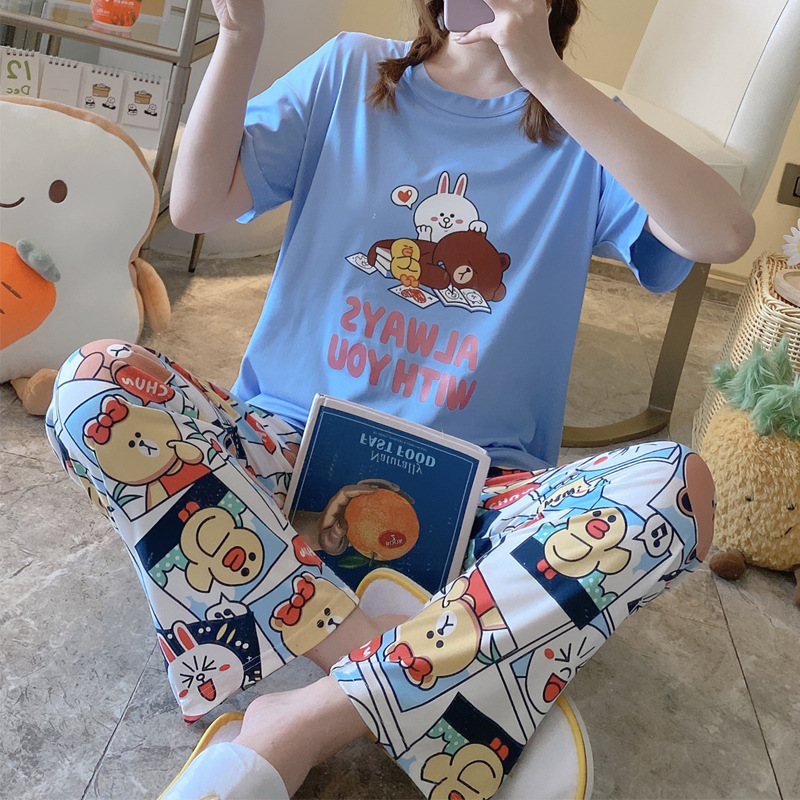 睡衣女春秋款5XL码新款短袖长裤女士印花可爱可外穿家居服套装|undefined