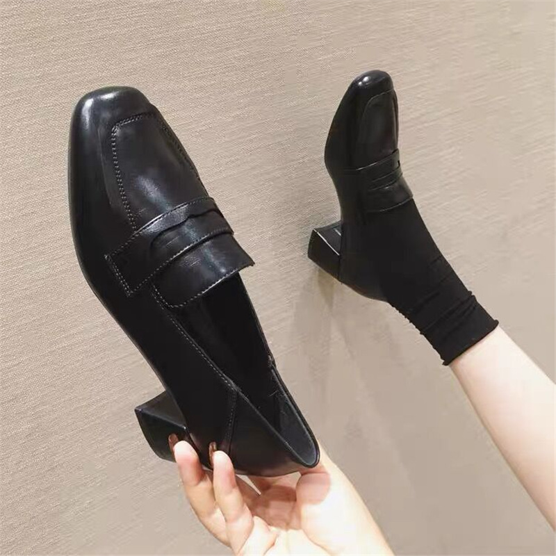 真皮粗跟单鞋女2025春新款中跟乐福鞋百搭一脚蹬小皮鞋奶奶鞋|undefined