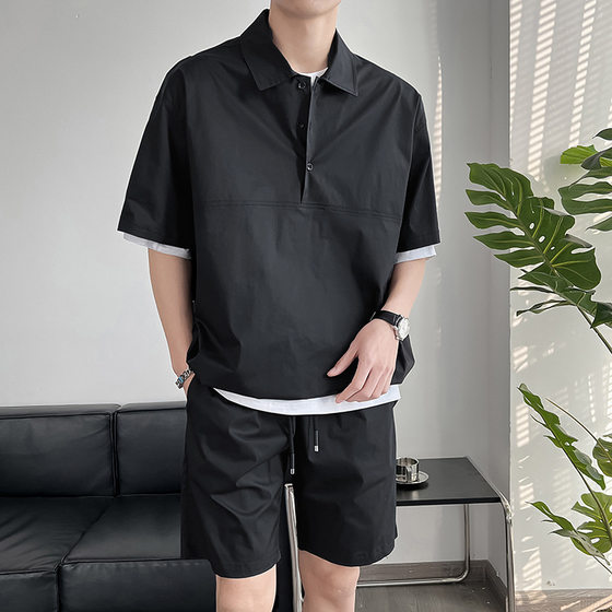 2025 Summer Solid Color Short-sleeved Shorts suit Men's Korean-style Ins Casual Loose Polo Shirt Two-piece Set