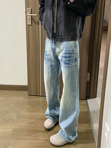 Men's Spring and Autumn Washed Blue Straight Leg Jeans with American High Street Vibe Cleanfit Curved Hem Trousers