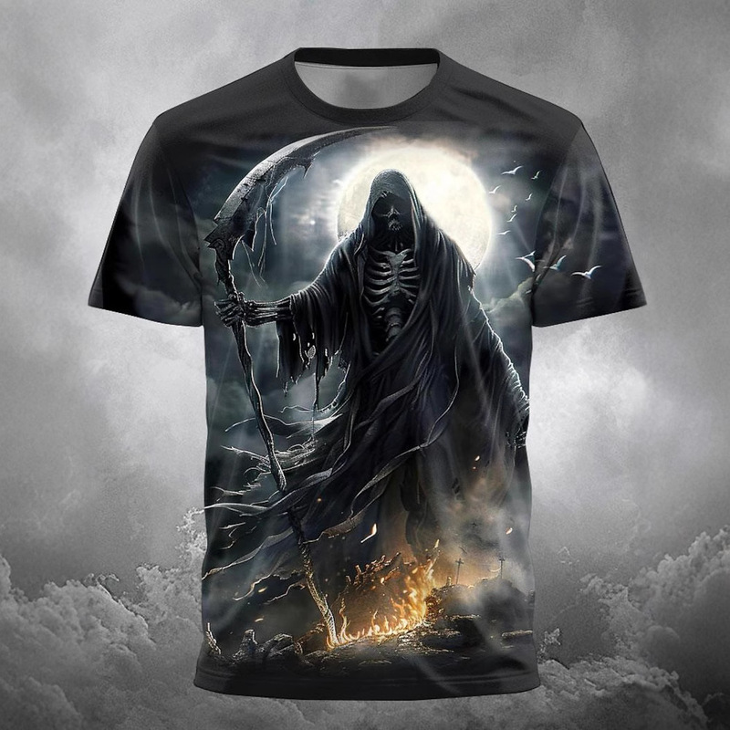 Cross-Border Hot Sale Temu New Men's Summer 3D Digital Printing Ghost Skull Round Neck Short-Sleeved T-Shirt