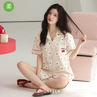 夏季拉架棉薄款睡衣女短袖短裤韩版可爱ins风甜美爽棉开衫家居服