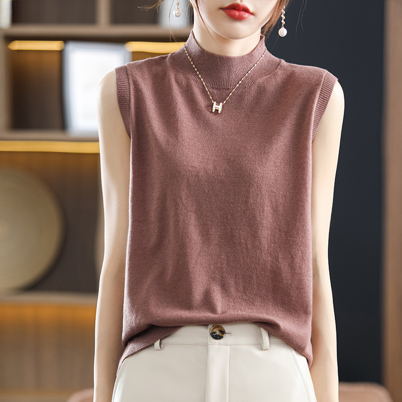 2024 Top Women's Mid-Collar Sweater Knitted Shirt Spring and Autumn Suit Inner Half-High Collar Wool Sleeveless Vest Base Shirt