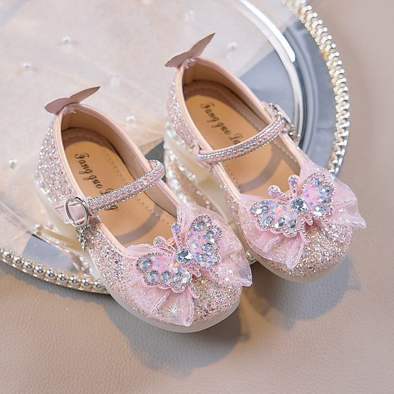 Children's Small Leather Shoes 2024 Korean Style Spring and Autumn New Girl Fashion Pearl Princess Shoes Soft Bottom Rhinestone Crystal Shoes