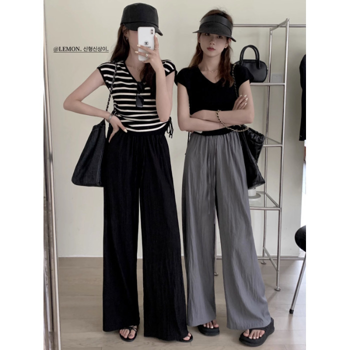 Casual Yamamoto-Style Pants for Women, Spring/Summer High-Waisted, Loose-Fitting, Ice Silk Wide-Leg Pants, 2026 New Model, Petite Straight-Leg Pants