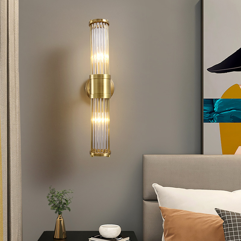 American Retro All-Copper Bedroom Bedside Wall Lamp, Simple Modern Living Room Background Wall Indoor Wall-Mounted Crystal Lamp