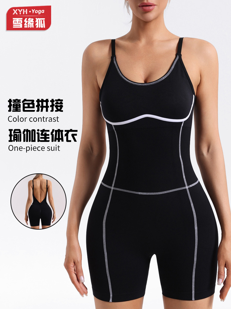 Colores de contraste de primavera y verano Deep V Yoga mono mujer sin costuras al aire libre correr fitness deportes yoga pantalones cortos mono