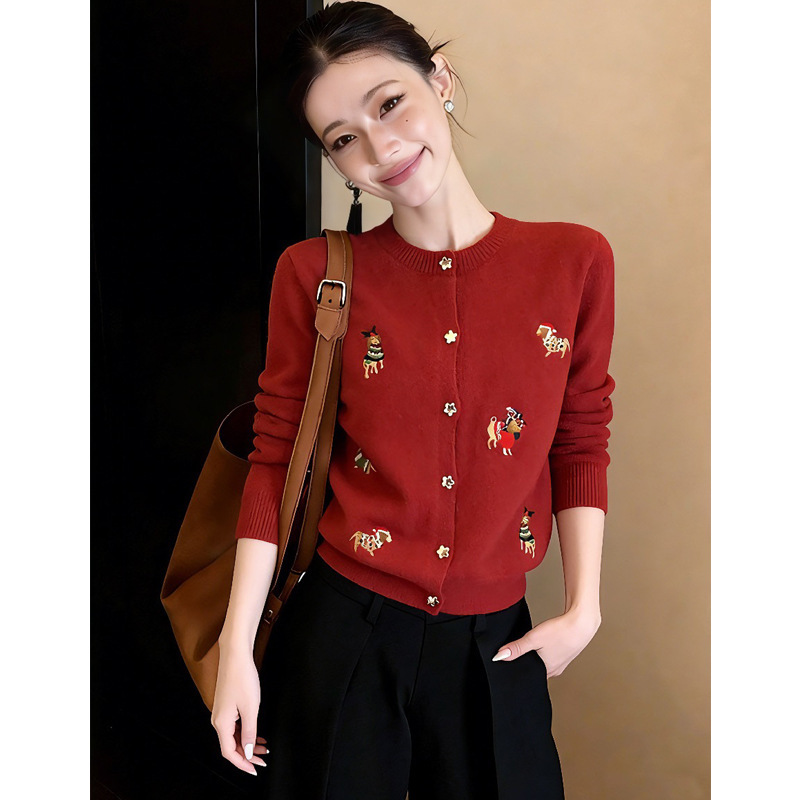 1771 Summer Red Christmas Atmosphere Sweater Cardigan for Women 2026 New Cartoon Embroidered Knitted Jacket 1771 Summer Red Christmas Atmosphere Sweater Cardigan for Women 2026 New Cartoon Embroidered Knitted Jacket