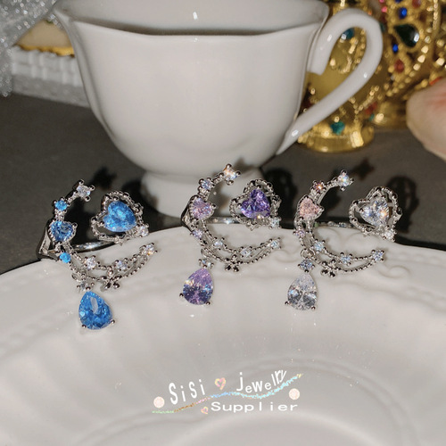SIsi's original high-end Japanese luna super fairy palace ring gold-plated inlaid with bright aquamarine zirconium niche ring