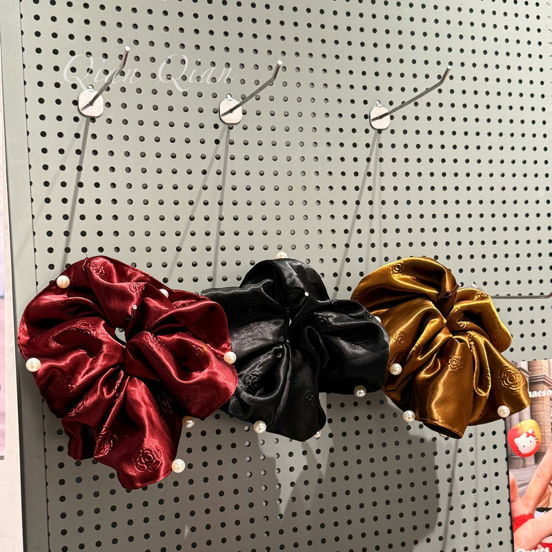 法式复古印花山茶花大肠圈女珍珠缎面发圈时尚钉珠发绳头花头饰|undefined