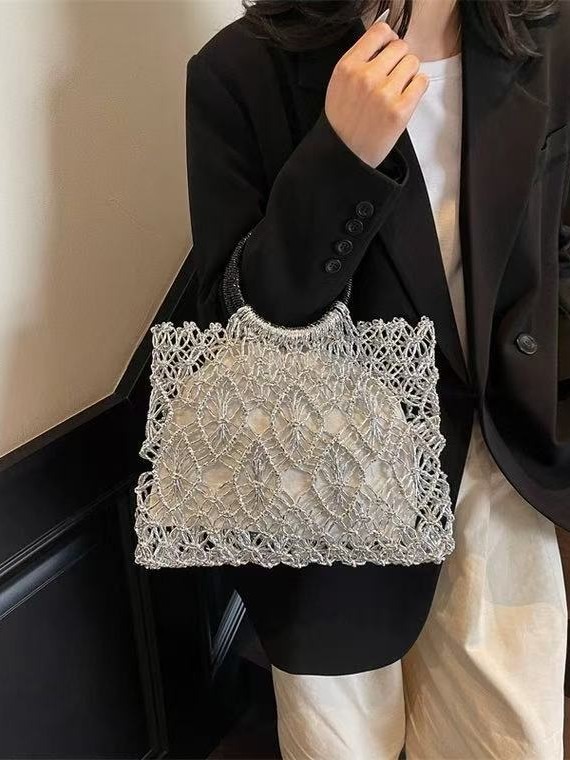 金銀糸明るいロープメッシュバッグ中空織バッグフォレストスタイル大容量ポータブルトートバッグ夏のビーチレディースバッグ|undefined