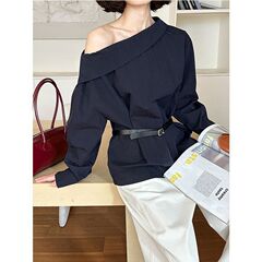 藏青色一字肩露肩2025欧货衬衫女法式掐腰衬衣解构老钱风上衣百搭