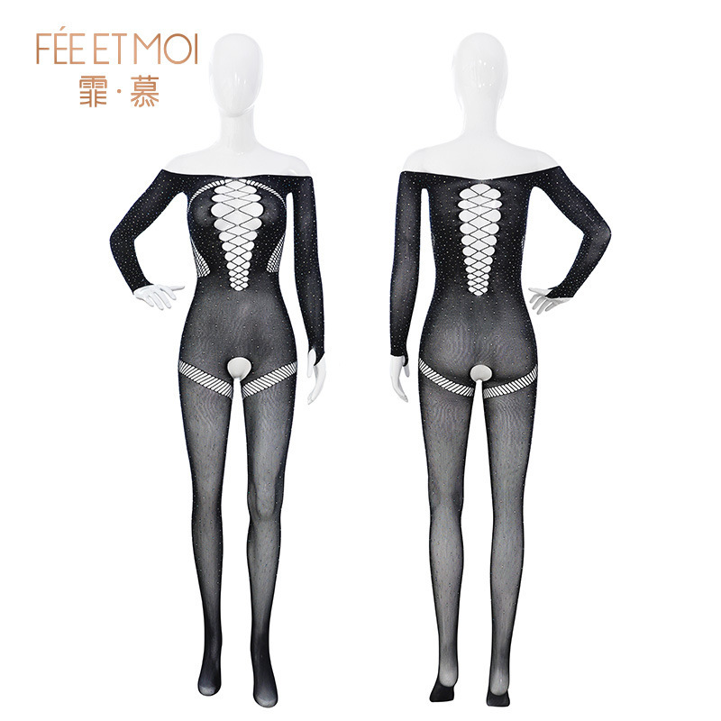 Bodysuit de Malla Abierta con Pedrería 7580 Poliéster Entrepierna Abierta, Transparente para Mujer