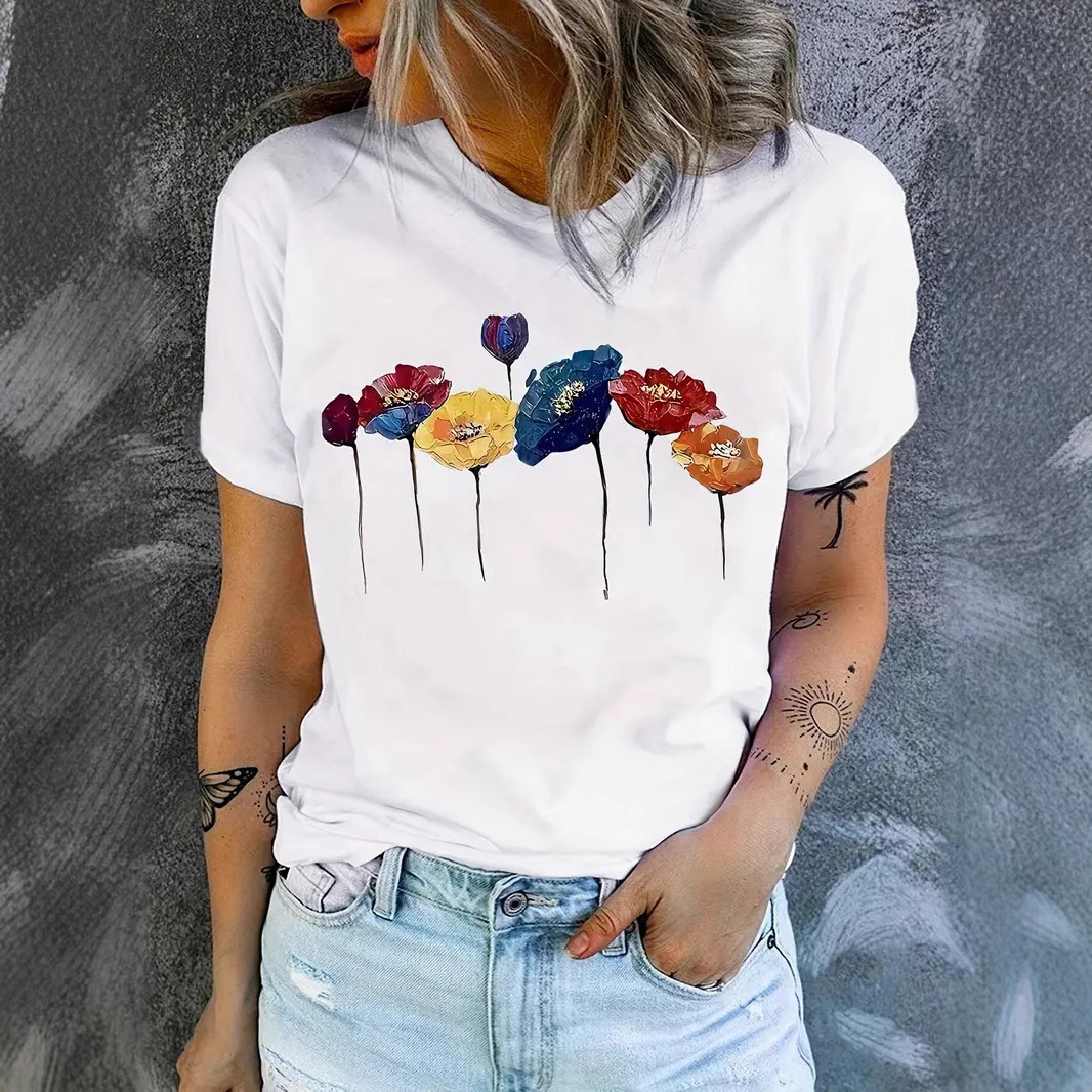 Hot selling spring and summer European and American new top women's summer round neck short sleeved T-shirt cross-border source factory