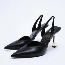 ZA2022秋季新品 女鞋 天然色黑色金属系露跟优雅气质高跟鞋细跟凉