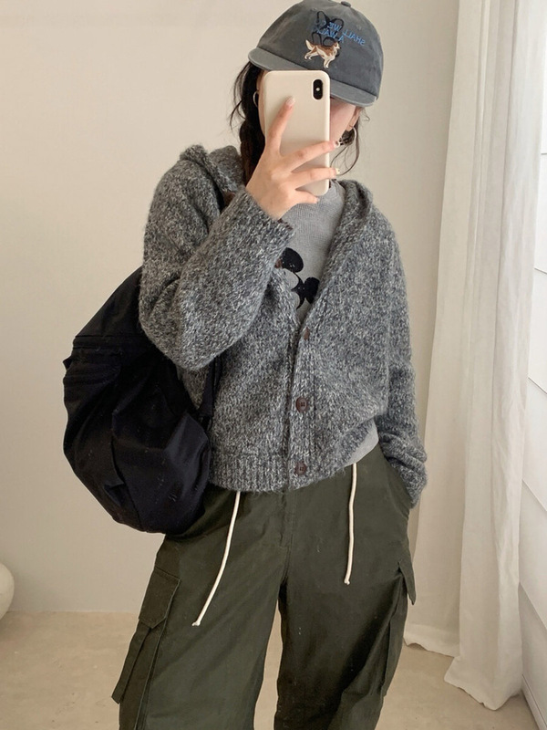 木四 花线毛衣开衫女秋冬新款宽松慵懒风连帽针织外套上衣M6672|undefined